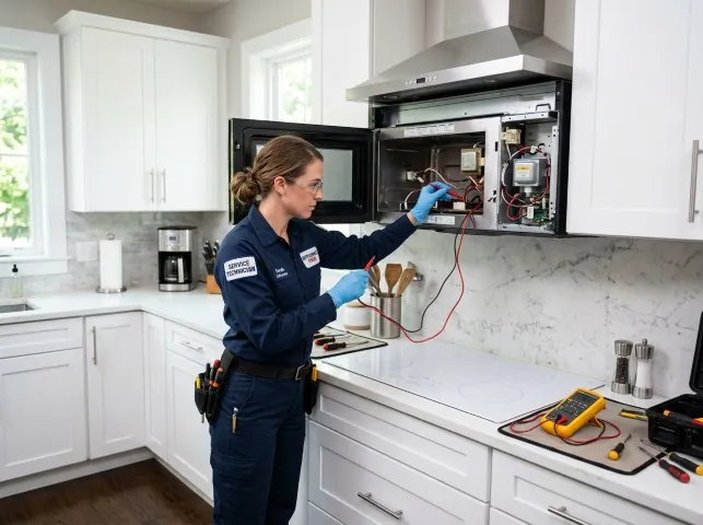 Appliance Repair Hero technician testing an over-the-range microwave in a Alva, FL kitchen